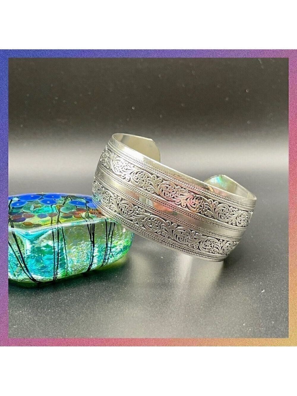 Scroll and Interior Band Design Cuff Bracelet Silver Tone #1195